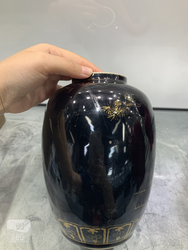 民国乌金釉描金福禄寿三星纹罐 - 图4